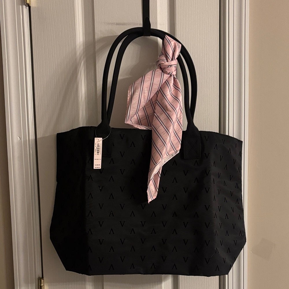 NWT Victoria Secret Elegant Black Tote Bag with Pink Scarf Accent